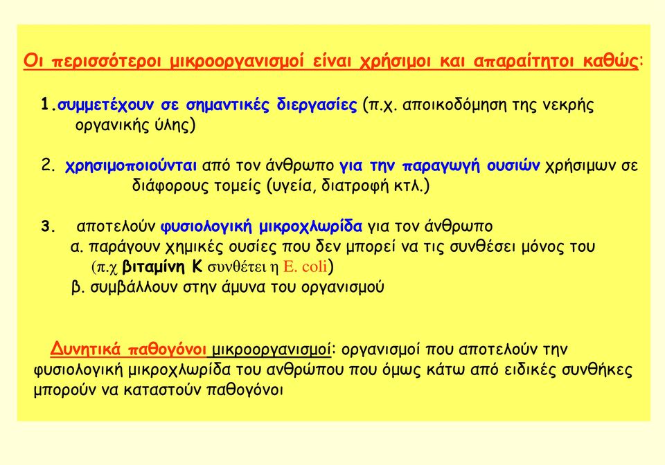 αποτελούν φυσιολογική μικροχλωρίδα για τον άνθρωπο α. παράγουν χημικές ουσίες που δεν μπορεί να τις συνθέσει μόνος του (π.χ βιταμίνη Κ συνθέτει η E. coli) β.