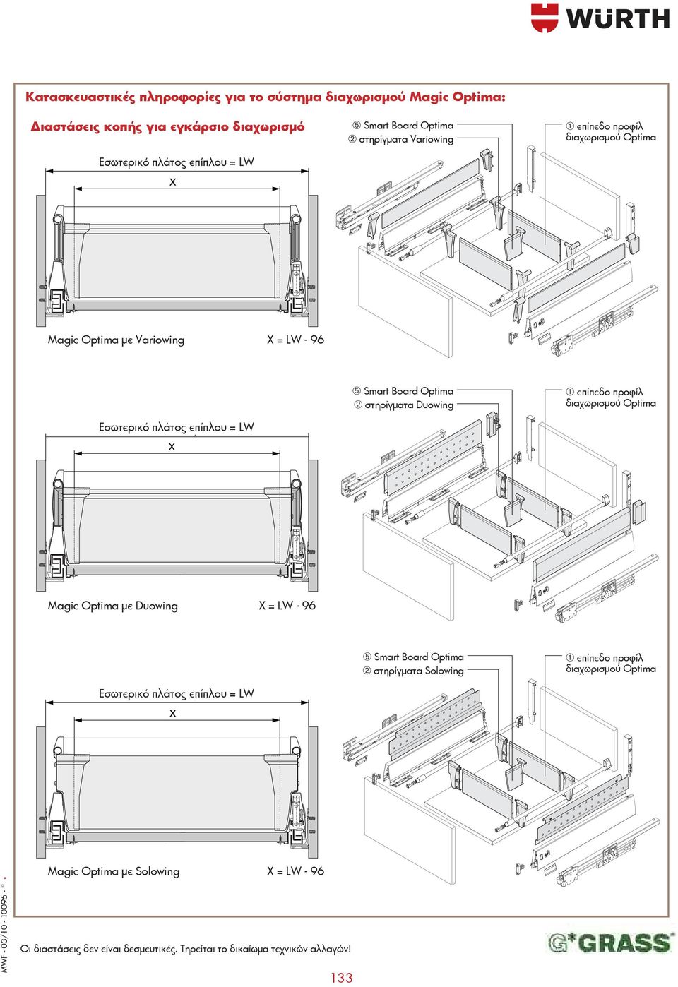 LW ➄ Smart Board Optima ➁ στηρίγματα Duowing ➀ επίπεδο προφίλ διαχωρισμού Optima Magic Optima με Duowing X = LW - 96 Εσωτερικό πλάτος επίπλου