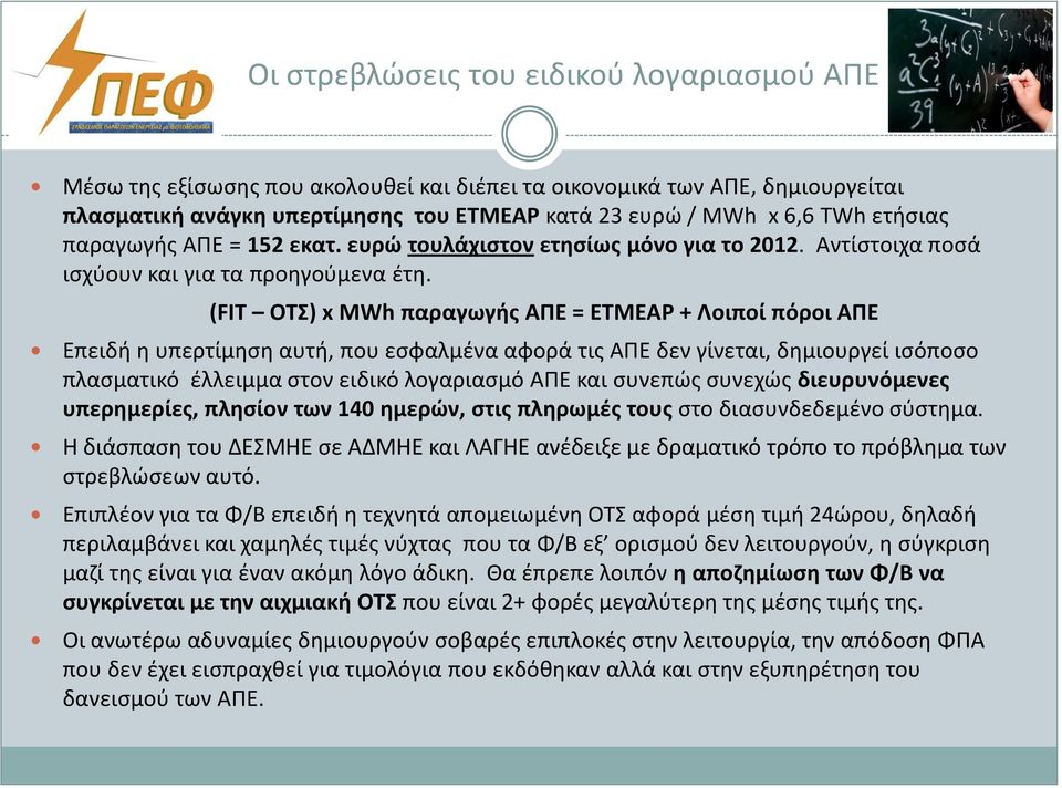 (FIT ΟΤΣ) x MWh παραγωγής ΑΠΕ = ΕΤΜΕΑΡ + Λοιποί πόροι ΑΠΕ Επειδή η υπερτίμηση αυτή, που εσφαλμένα αφορά τις ΑΠΕ δεν γίνεται, δημιουργεί ισόποσο πλασματικό έλλειμμα στον ειδικό λογαριασμό ΑΠΕ και