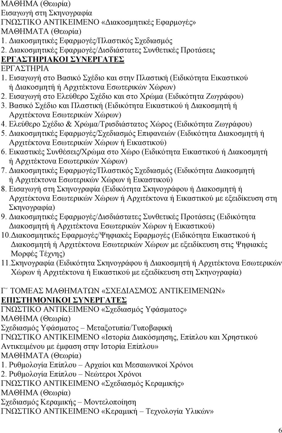 Βασικό Σχέδιο και Πλαστική (Ειδικότητα Εικαστικού ή Διακοσμητή ή Αρχιτέκτονα Εσωτερικών Χώρων) 4. Ελεύθερο Σχέδιο & Χρώμα/Τρισδιάστατος Χώρος (Ειδικότητα Ζωγράφου) 5.