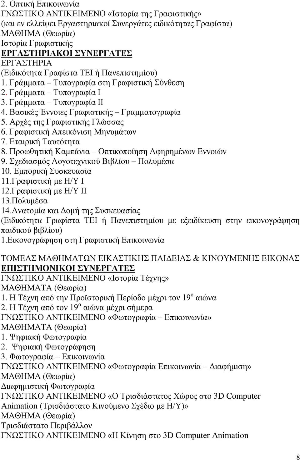 Γραφιστική Απεικόνιση Μηνυμάτων 7. Εταιρική Ταυτότητα 8. Προωθητική Καμπάνια Οπτικοποίηση Αφηρημένων Εννοιών 9. Σχεδιασμός Λογοτεχνικού Βιβλίου Πολυμέσα 10. Εμπορική Συσκευασία 11.