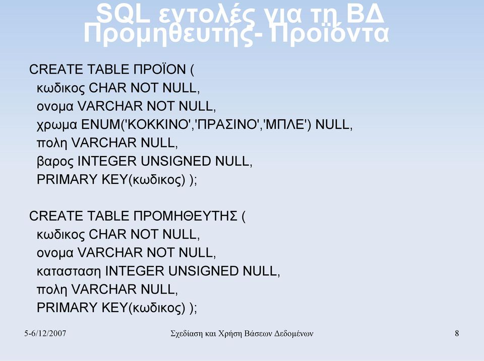 KEY(κωδικος) ); CREATE TABLE ΠΡΟΜΗΘΕΥΤΗΣ ( κωδικος CHAR NOT NULL, ονομα VARCHAR NOT NULL, κατασταση INTEGER