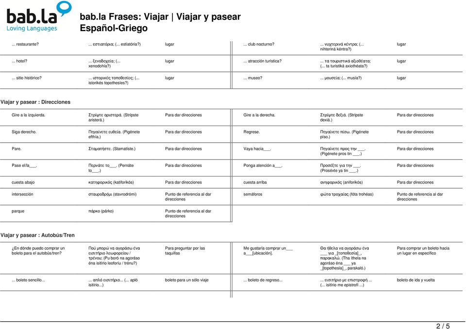 ) Viajar y pasear : Direcciones Gire a la izquierda. Στρίψτε αριστερά. (Strípste aristerá.) Gire a la derecha. Στρίψτε δεξιά. (Strípste dexiá.) Siga derecho. Πηγαίνετε ευθεία. (Pigénete efthía.