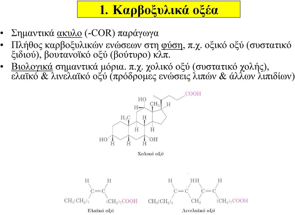 οξικό οξύ (συστατικό ξιδιού), βουτανοϊκό οξύ (βούτυρο) κλπ.