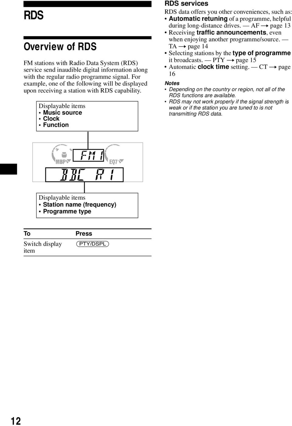 Displayable items Music source Clock Function RDS services RDS data offers you other conveniences, such as: Automatic retuning of a programme, helpful during long-distance drives.