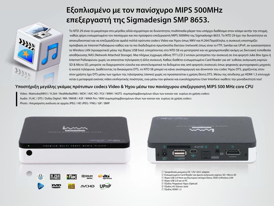 επεξεργαστή MIPS 500MHz της Sigmadesign 8653. To NTD 29 έχει την δυνατότητα να αποκωδικοποιεί και να επεξεργάζεται ομαλά πολλά πρότυπα codecs Video και Ήχου όπως MKV και H.264.