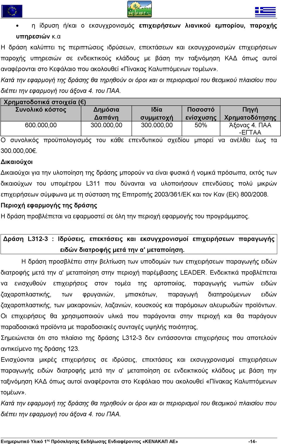 ακολουθεί «Πίνακας Καλυπτόμενων τομέων». Κατά την εφαρμογή της δράσης θα τηρηθούν οι όροι και οι περιορισμοί του θεσμικού πλαισίου που διέπει την εφαρμογή του άξονα 4. του ΠΑΑ.