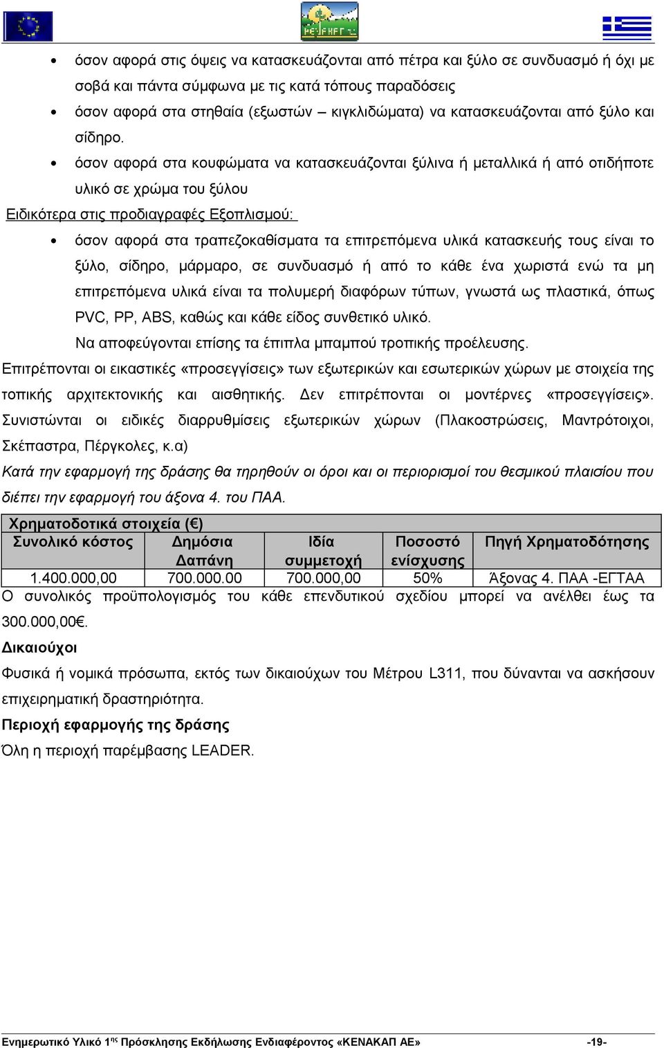 όσον αφορά στα κουφώματα να κατασκευάζονται ξύλινα ή μεταλλικά ή από οτιδήποτε υλικό σε χρώμα του ξύλου Ειδικότερα στις προδιαγραφές Εξοπλισμού: όσον αφορά στα τραπεζοκαθίσματα τα επιτρεπόμενα υλικά