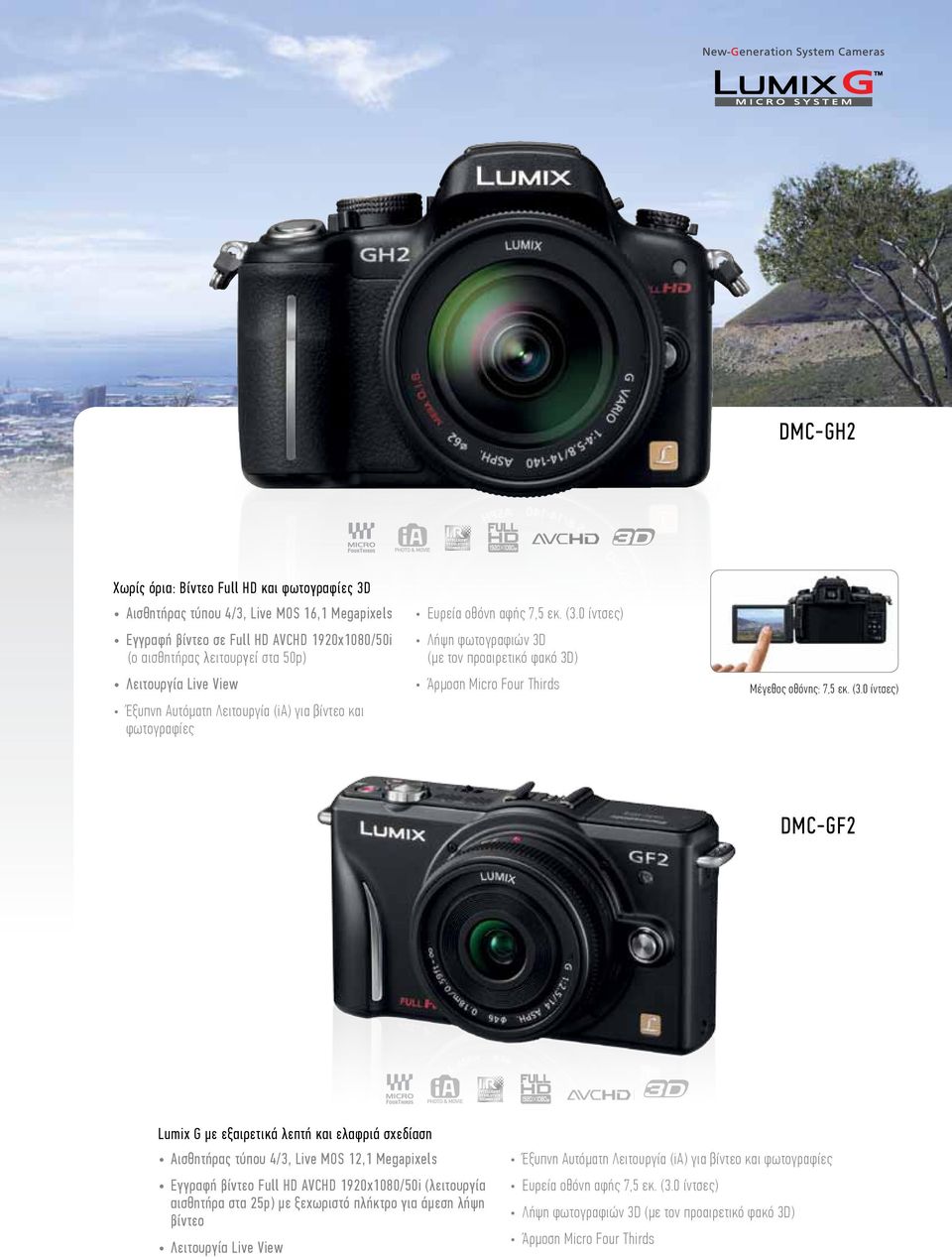 (3.0 ίντσες) DMC-GF2 Lumix G με εξαιρετικά λεπτή και ελαφριά σχεδίαση Αισθητήρας τύπου 4/3, Live MOS 12,1 Megapixels Εγγραφή βίντεο Full HD AVCHD 1920x1080/50i (λειτουργία αισθητήρα στα 25p) με