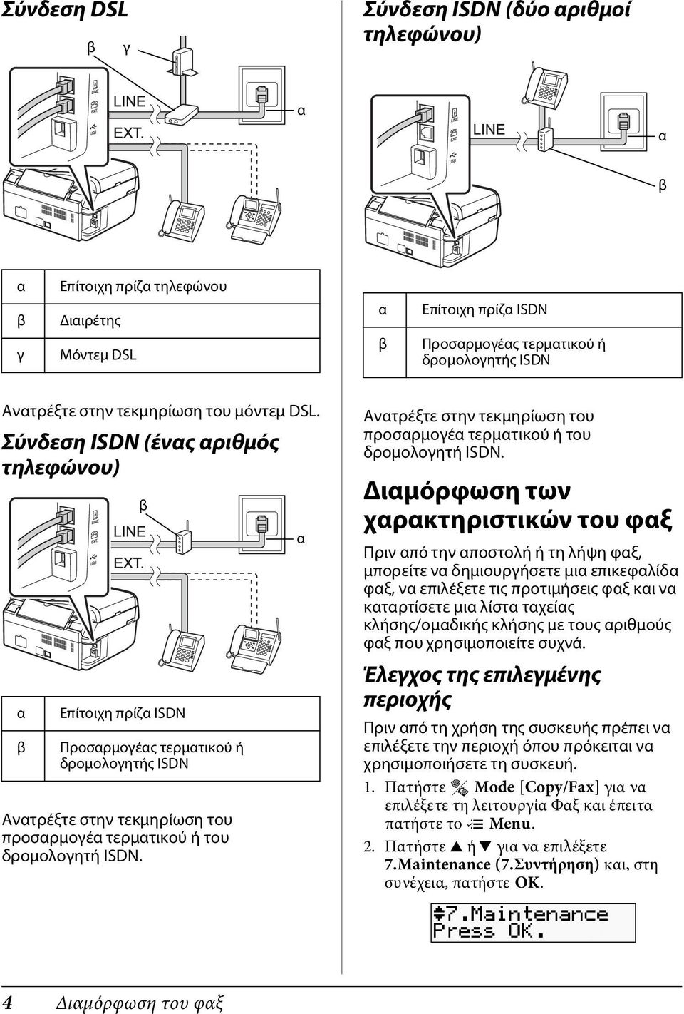 Σύνδεση ISDN (ένας αριθμός τηλεφώνου) α β Επίτοιχη πρίζα ISDN Προσαρμογέας τερματικού ή δρομολογητής ISDN Ανατρέξτε στην τεκμηρίωση του προσαρμογέα τερματικού ή του δρομολογητή ISDN.