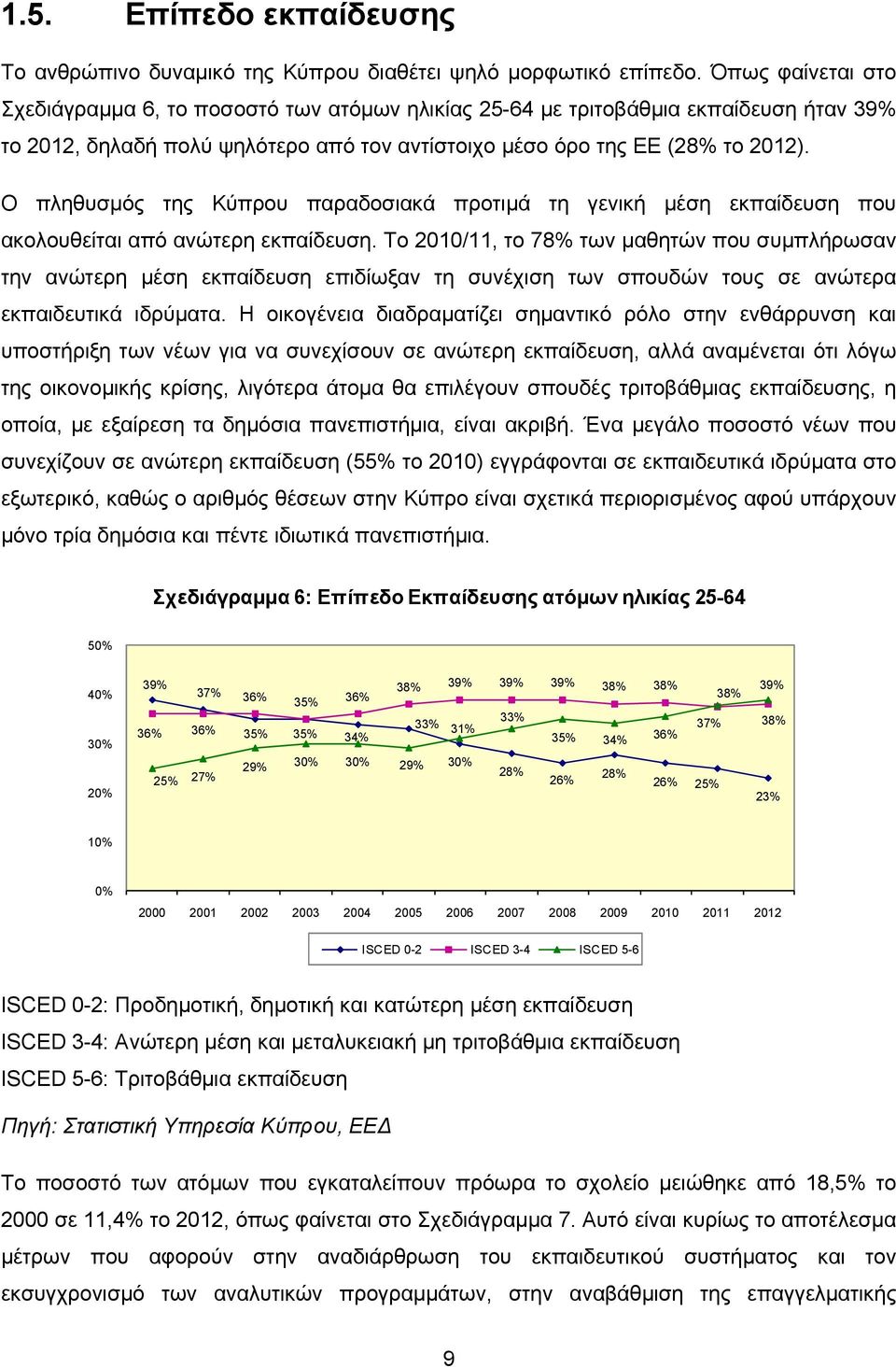 Ο πληθυσμός της Κύπρου παραδοσιακά προτιμά τη γενική μέση εκπαίδευση που ακολουθείται από ανώτερη εκπαίδευση.