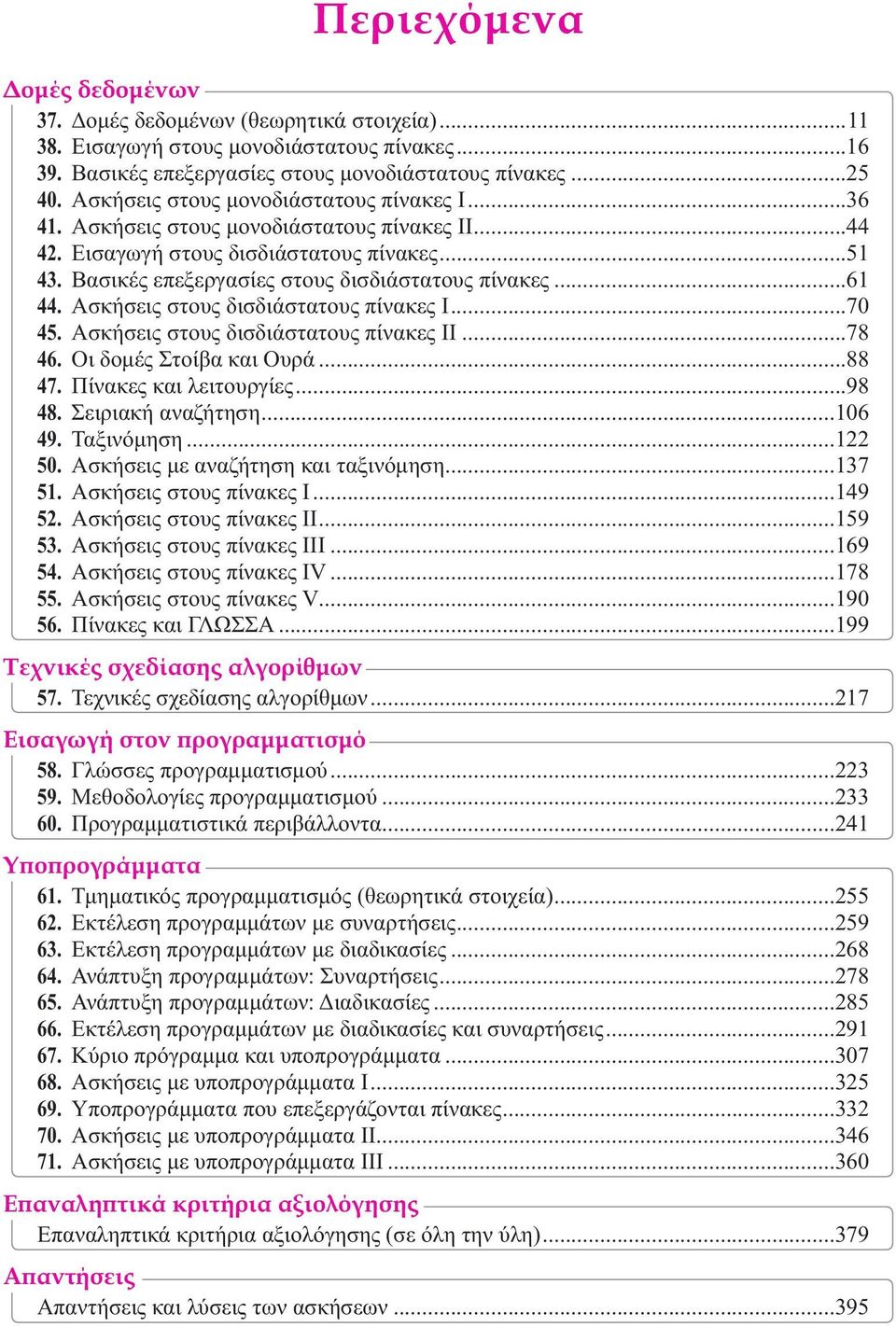 Ασκήσεις στους δισδιάστατους πίνακες I...70 45. Ασκήσεις στους δισδιάστατους πίνακες II...78 46. Οι δομές Στοίβα και Ουρά...88 47. Πίνακες και λειτουργίες...98 48. Σειριακή αναζήτηση...106 49.