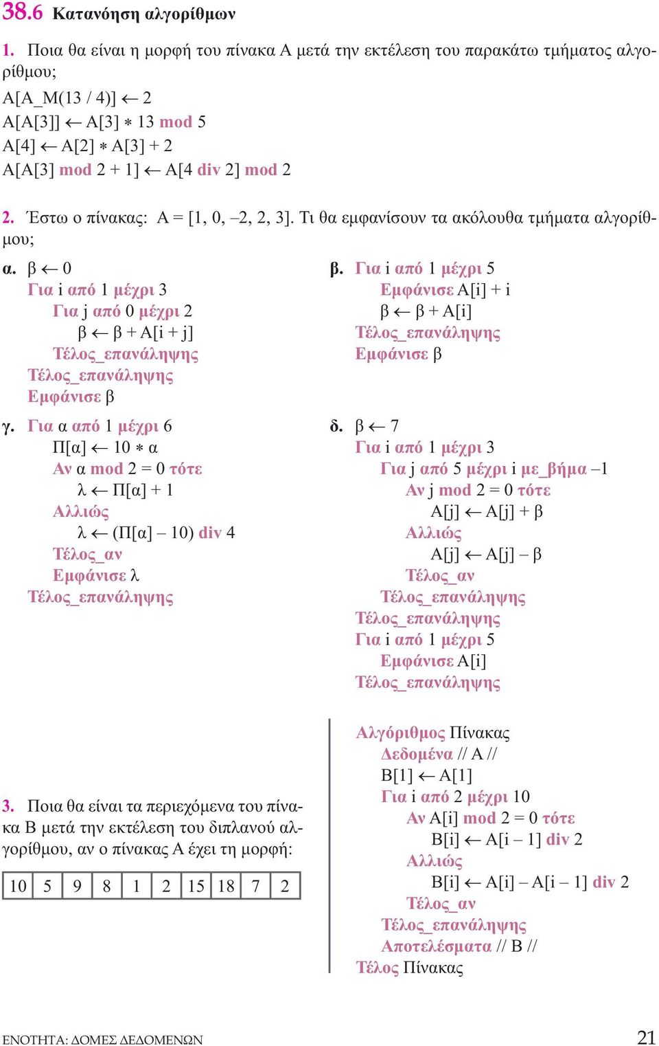 Έστω ο πίνακας: Α = [1, 0, 2, 2, 3]. Τι θα εμφανίσουν τα ακόλουθα τμήματα αλγορίθμου; α. β 0 Για i από 1 μέχρι 3 Για j από 0 μέχρι 2 β β + Α[i + j] Εμφάνισε β γ.