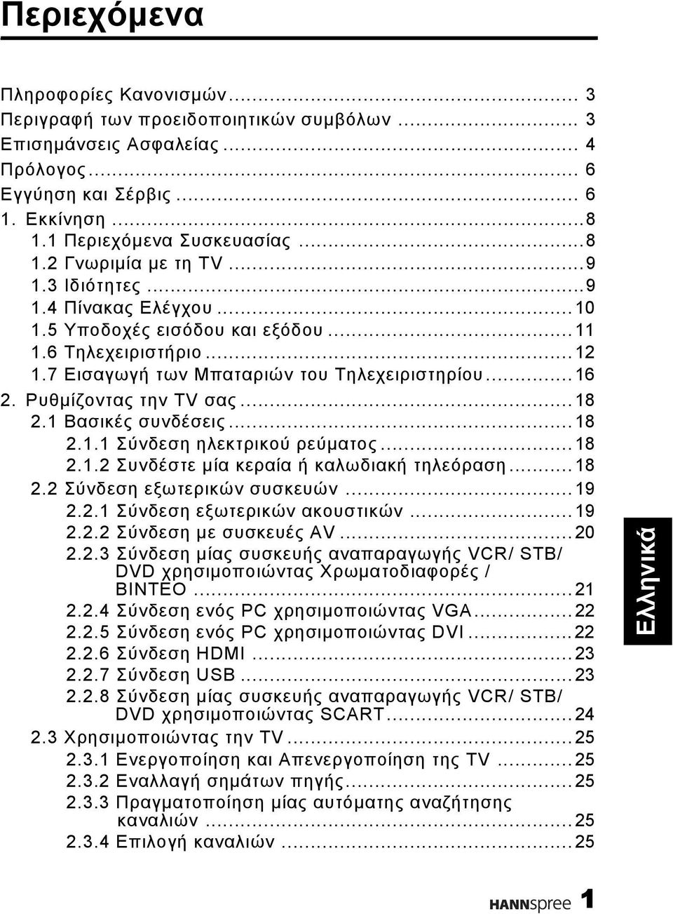 1 Βασικές συνδέσεις...18 2.1.1 Σύνδεση ηλεκτρικού ρεύματος...18 2.1.2 Συνδέστε μία κεραία ή καλωδιακή τηλεόραση...18 2.2 Σύνδεση εξωτερικών συσκευών...19 2.2.1 Σύνδεση εξωτερικών ακουστικών...19 2.2.2 Σύνδεση με συσκευές AV.