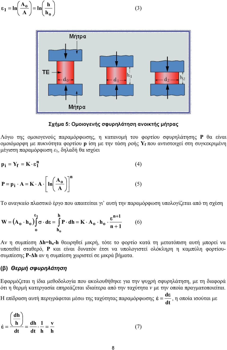 παραµόρφωση υπολογίζεται από τη σχέση W = ( A h ) o ε1 h n+ 1 ε o σ dε = P dh = K Ao ho (6) n + 1 o ho Αν η συµπίεση h=h o -h θεωρηθεί µικρή, τότε το φορτίο κατά τη µετατόπιση αυτή µπορεί να υποτεθεί