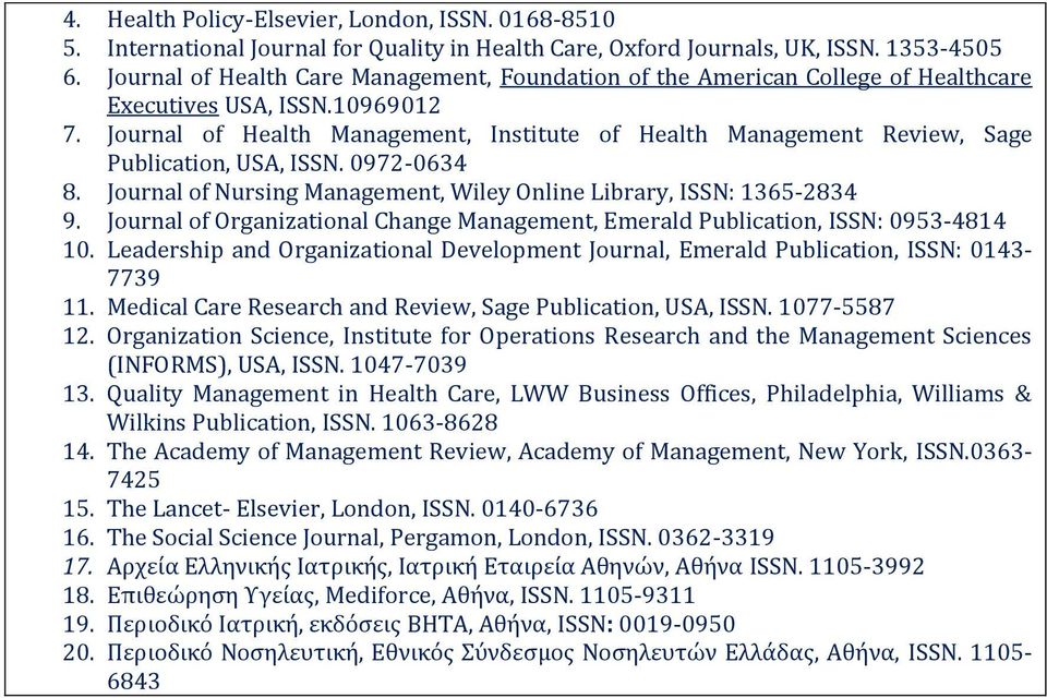 Journal of Health Management, Institute of Health Management Review, Sage Publication, USA, ISSN. 0972-0634 8. Journal of Nursing Management, Wiley Online Library, ISSN: 1365-2834 9.