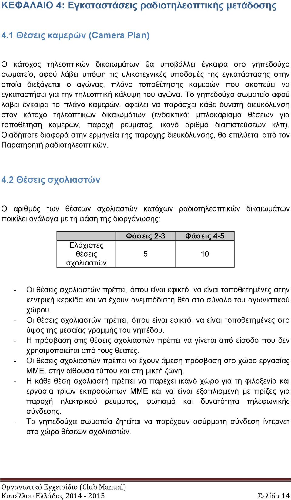 αγώνας, πλάνο τοποθέτησης καμερών που σκοπεύει να εγκαταστήσει για την τηλεοπτική κάλυψη του αγώνα.