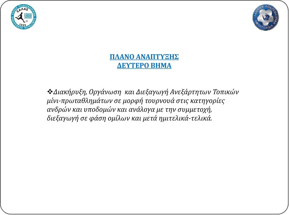 τουρνουά στις κατηγορίες ανδρών και υποδομών και ανάλογα με