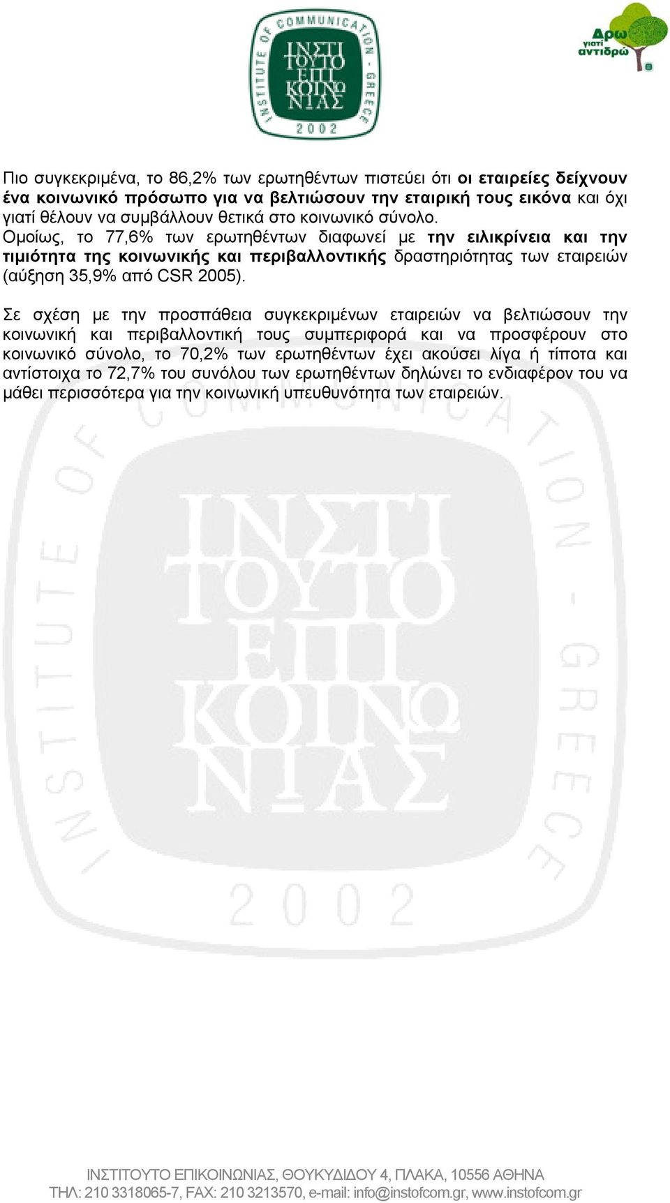 Ομοίως, το 77,6% των ερωτηθέντων διαφωνεί με την ειλικρίνεια και την τιμιότητα της κοινωνικής και περιβαλλοντικής δραστηριότητας των εταιρειών (αύξηση 35,9% από CSR 2005).