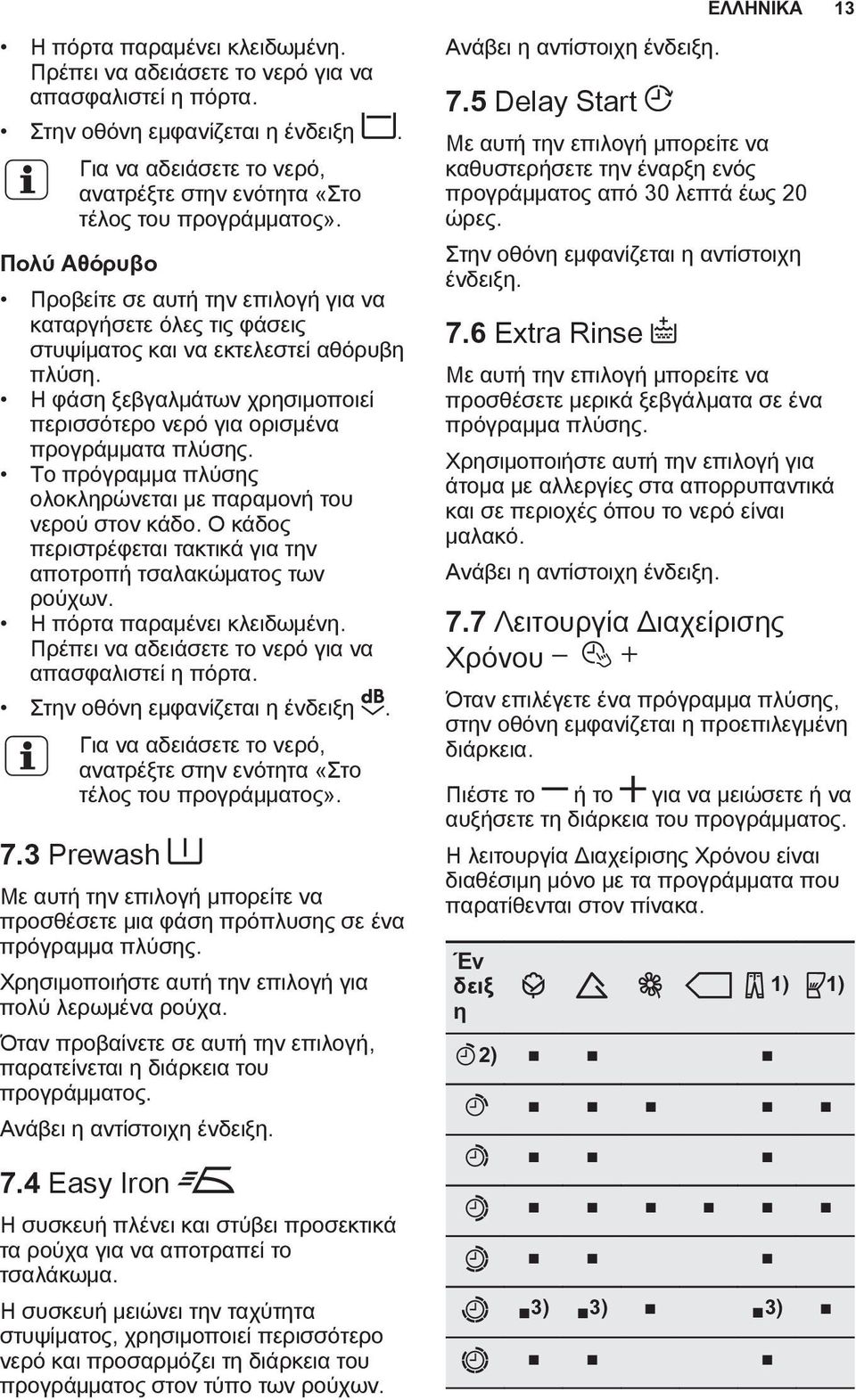 Η φάση ξεβγαλμάτων χρησιμοποιεί περισσότερο νερό για ορισμένα προγράμματα πλύσης. Το πρόγραμμα πλύσης ολοκληρώνεται με παραμονή του νερού στον κάδο.