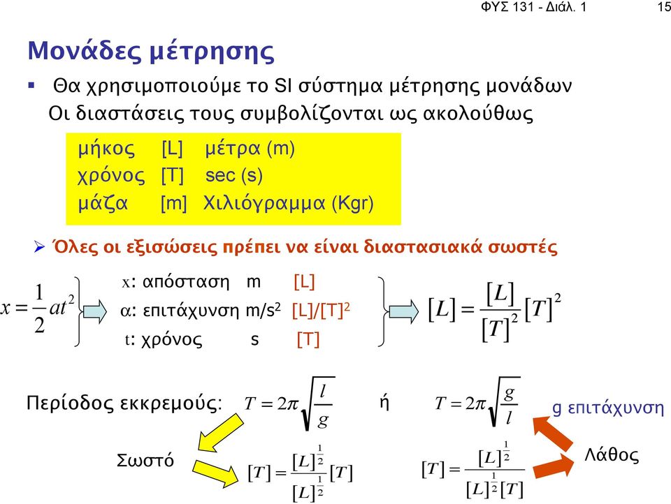 [L] μέτρα (m) χρόνος [Τ] sec (s) μάζα [m] Χιλιόγραμμα (Kgr) Ø Όλες οι εξισώσεις πρέπει να είναι διαστασιακά σωστές x = 1 at
