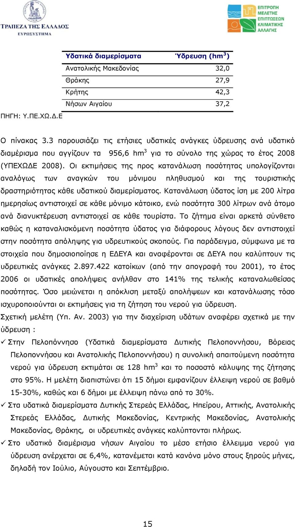 Οι εκτιµήσεις της προς κατανάλωση ποσότητας υπολογίζονται αναλόγως των αναγκών του µόνιµου πληθυσµού και της τουριστικής δραστηριότητας κάθε υδατικού διαµερίσµατος.