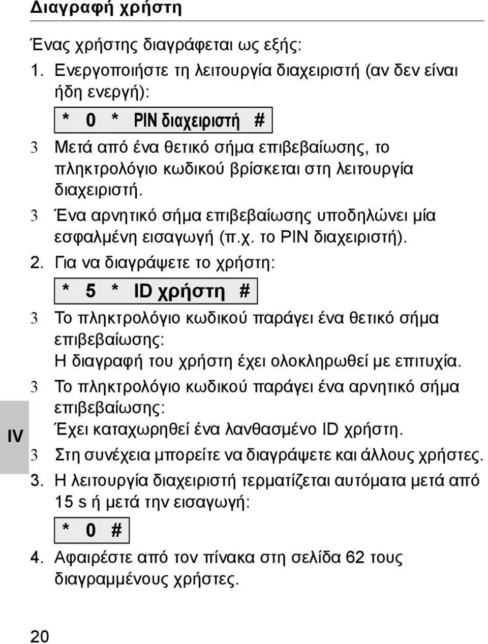 3 Ένα αρνητικό σήμα επιβεβαίωσης υποδηλώνει μία εσφαλμένη εισαγωγή (π.χ. το PIN διαχειριστή).