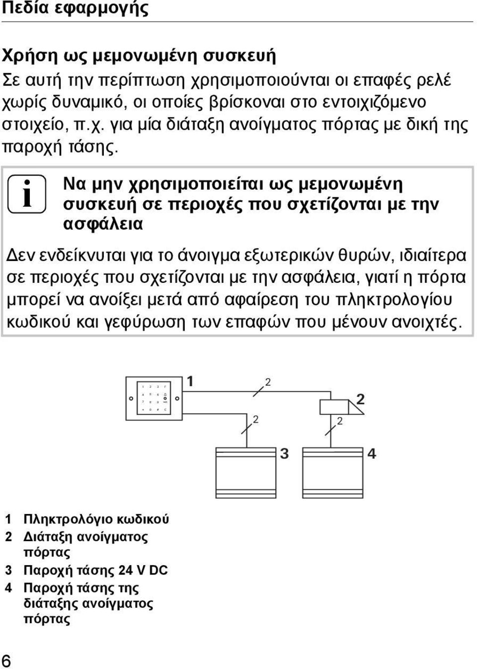 i Να μην χρησιμοποιείται ως μεμονωμένη συσκευή σε περιοχές που σχετίζονται με την ασφάλεια Δεν ενδείκνυται για το άνοιγμα εξωτερικών θυρών, ιδιαίτερα σε περιοχές που