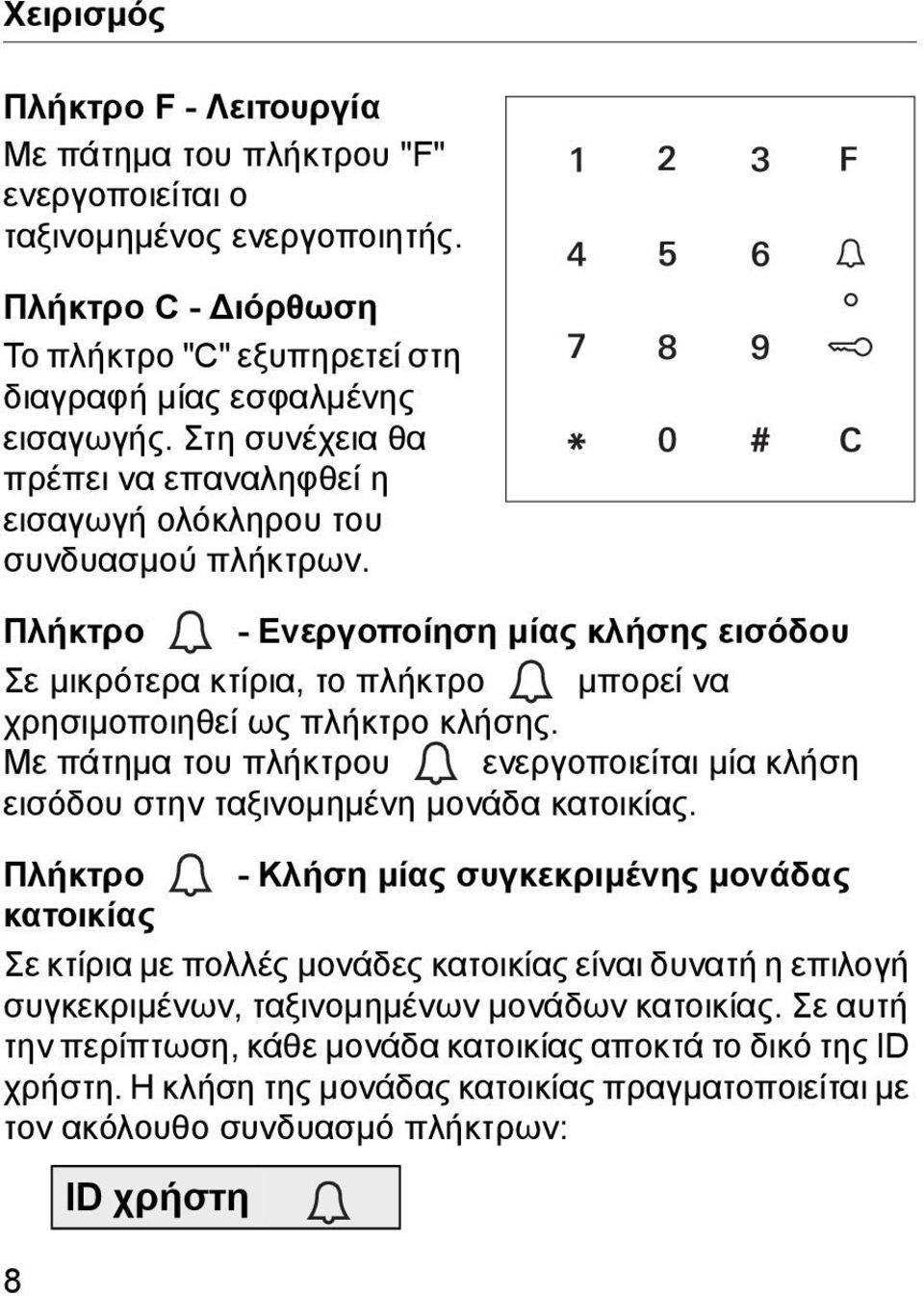 Πλήκτρο - Ενεργοποίηση μίας κλήσης εισόδου Σε μικρότερα κτίρια, το πλήκτρο μπορεί να χρησιμοποιηθεί ως πλήκτρο κλήσης.