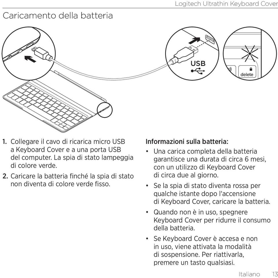 Informazioni sulla batteria: Una carica completa della batteria garantisce una durata di circa 6 mesi, con un utilizzo di Keyboard Cover di circa due al giorno.