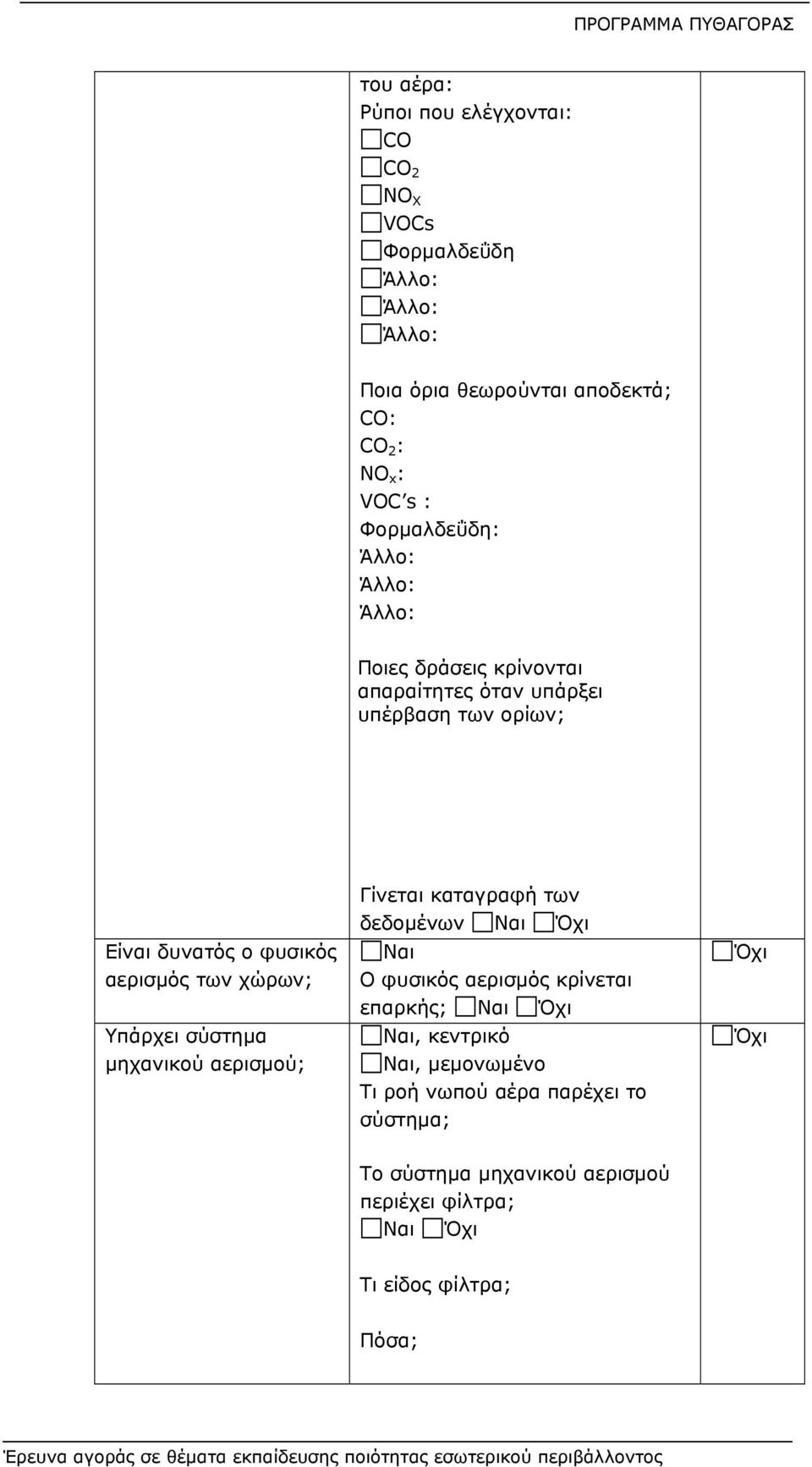 φυσικός αερισμός των χώρων; Υπάρχει σύστημα μηχανικού αερισμού; Γίνεται καταγραφή των δεδομένων Ο φυσικός αερισμός κρίνεται