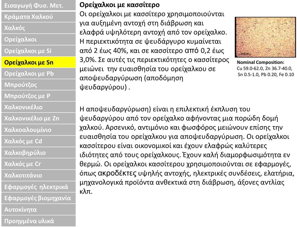 Σε αυτές τις περιεκτικότητες ο κασσίτερος μειώνει την ευαισθησία του ορείχαλκου σε αποψευδαργύρωση (αποδόμηση ψευδαργύρου). Nominal Composition: Cu 59.0-62.0, Zn 36.7-40.0, Sn 0.5-1.0, Pb 0.20, Fe 0.