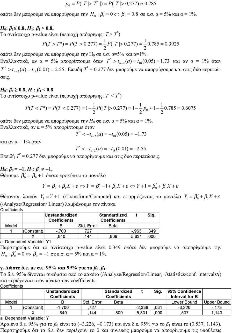 77 δεν μπορούμε να απορρίψουμε και στις δύο περιπτώσεις. Η : β.8, Η : β <.8 Το αντίστοιχο p-value είναι (περιοχή απόρριψης: T < T ) P( T < T) T <.77) = P( T >.77) = p.785 =.