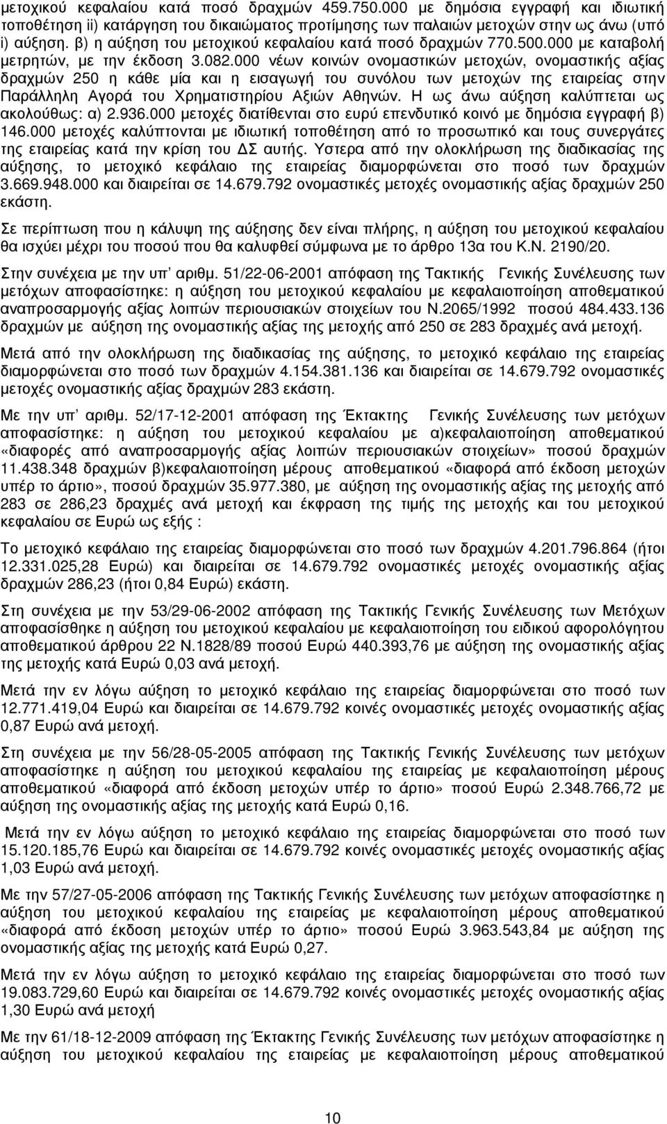 000 νέων κοινών ονοµαστικών µετοχών, ονοµαστικής αξίας δραχµών 250 η κάθε µία και η εισαγωγή του συνόλου των µετοχών της εταιρείας στην Παράλληλη Αγορά του Χρηµατιστηρίου Αξιών Αθηνών.