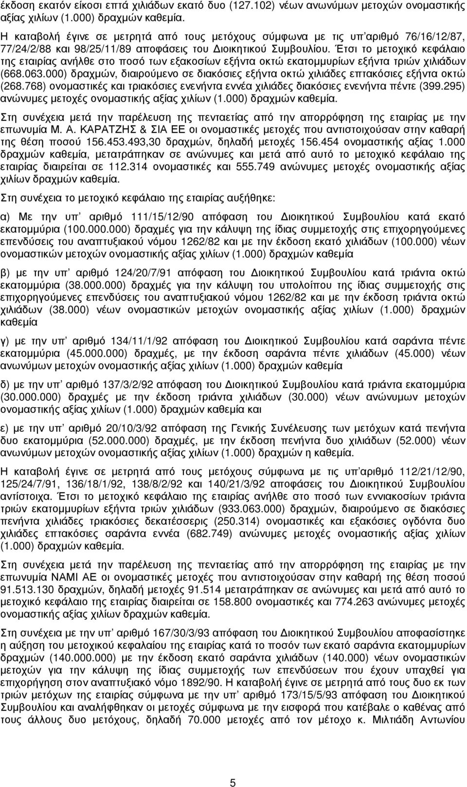 Έτσι το µετοχικό κεφάλαιο της εταιρίας ανήλθε στο ποσό των εξακοσίων εξήντα οκτώ εκατοµµυρίων εξήντα τριών χιλιάδων (668.063.