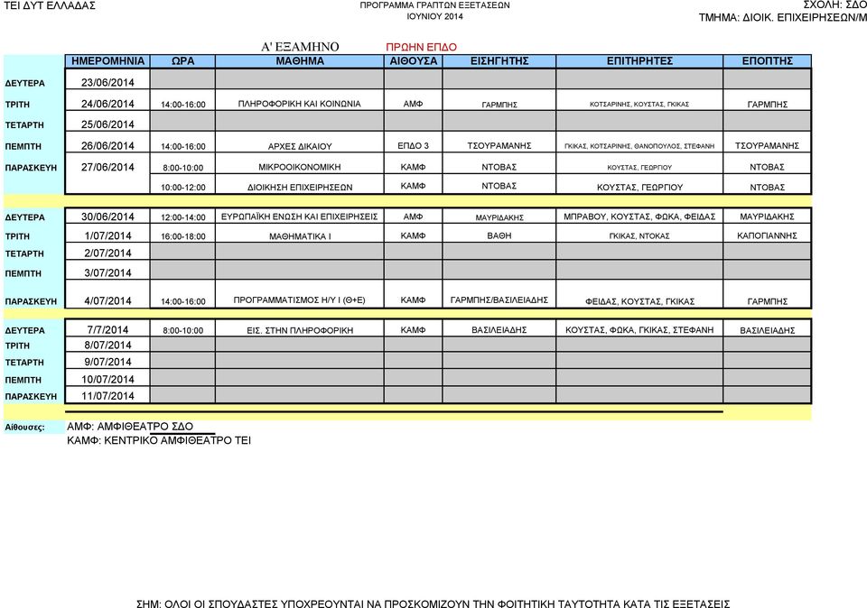 12:00-14:00 ΕΥΡΩΠΑΪΚΗ ΕΝΩΣΗ ΚΑΙ ΕΠΙΧΕΙΡΗΣΕΙΣ ΑΜΦ ΜΑΥΡΙΔΑΚΗΣ ΜΠΡΑΒΟΥ, ΚΟΥΣΤΑΣ, ΦΩΚΑ, ΦΕΙΔΑΣ ΜΑΥΡΙΔΑΚΗΣ ΤΡΙΤΗ 1/07/2014 16:00-18:00 ΜΑΘΗΜΑΤΙΚΑ Ι ΚΑΜΦ ΒΑΘΗ ΓΚΙΚΑΣ, ΝΤΟΚΑΣ ΠΑΡΑΣΚΕΥΗ 4/07/2014