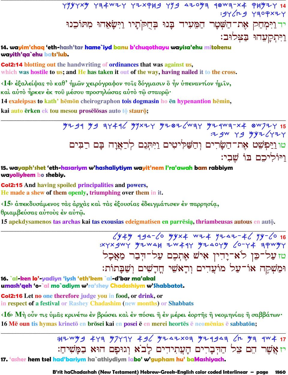 Col2:14 blotting out the handwriting of ordinances that was against us, which was hostile to us; and He has taken it out of the way, having nailed it to the cross.