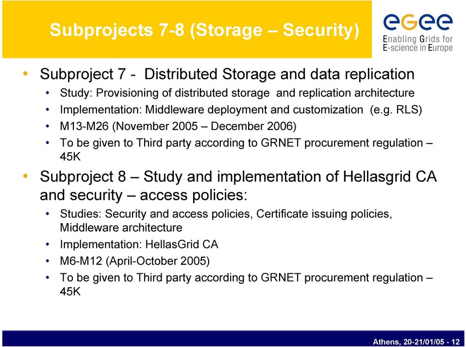 RLS) M13-M26 (November 2005 December 2006) To be given to Third party according to GRNET procurement regulation 45K Subproject 8 Study and implementation of Hellasgrid