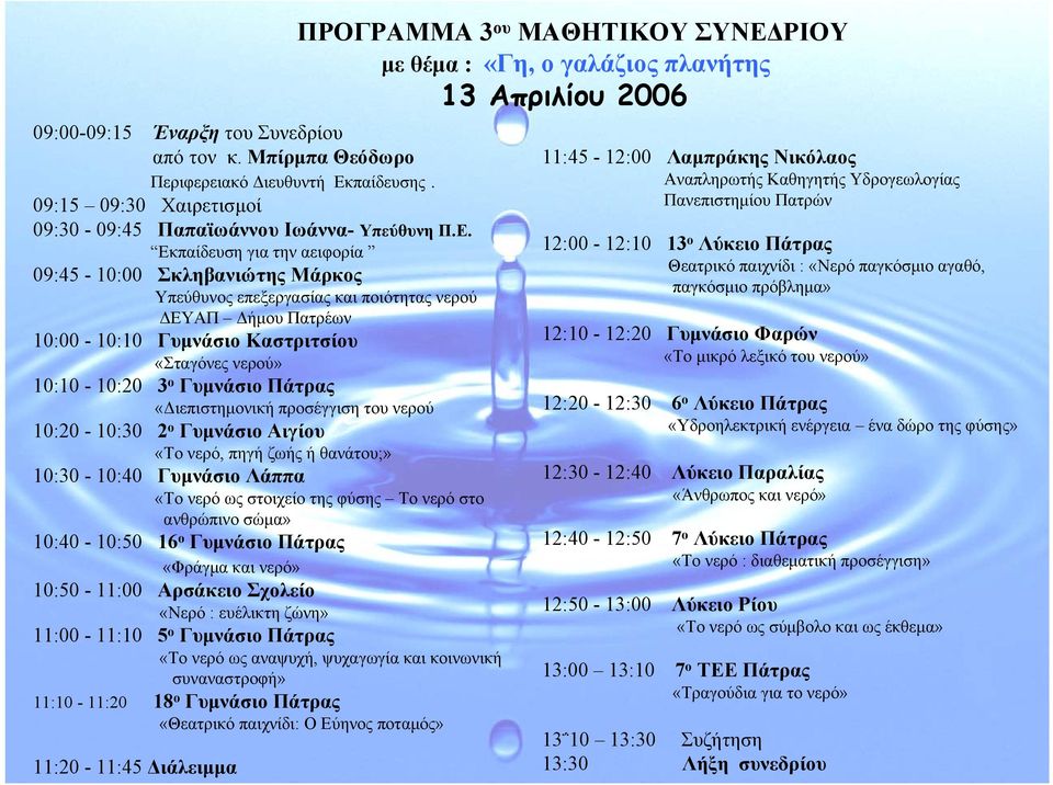 Εκπαίδευση για την αειφορία 09:45-10:00 Σκληβανιώτης Μάρκος Υπεύθυνος επεξεργασίας και ποιότητας νερού ΔΕΥΑΠ Δήμου Πατρέων 10:00-10:10 Γυμνάσιο Καστριτσίου «Σταγόνες νερού» 10:10-10:20 3 ο Γυμνάσιο