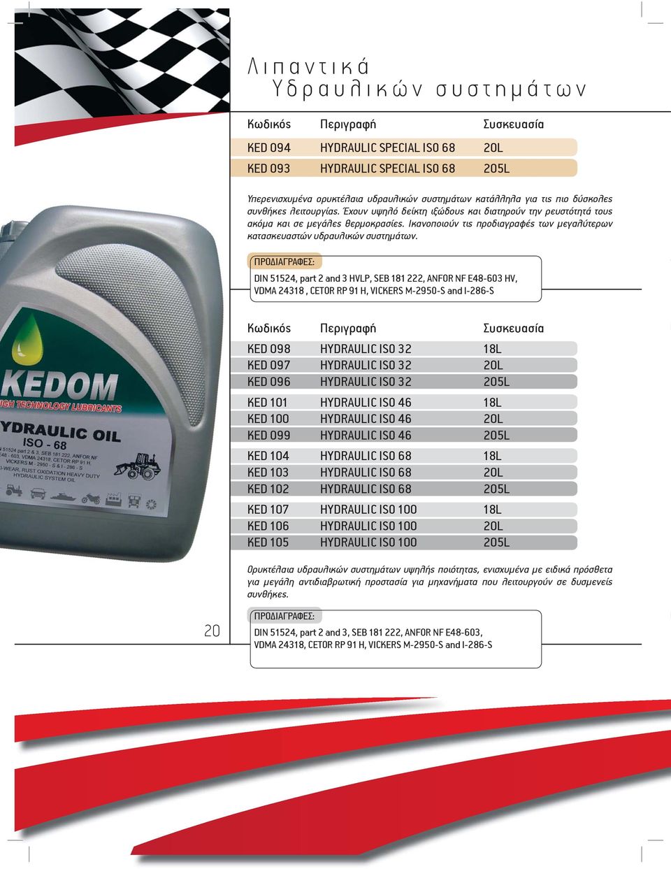 DIN 51524, part 2 and 3 HVLP, SEB 181 222, ANFOR NF E48-603 HV, VDMA 24318, CETOR RP 91 H, VICKERS M-2950-S and I-286-S χ KED 098 HYDRAULIC ISO 32 18L KED 097 HYDRAULIC ISO 32 20L KED 096 HYDRAULIC