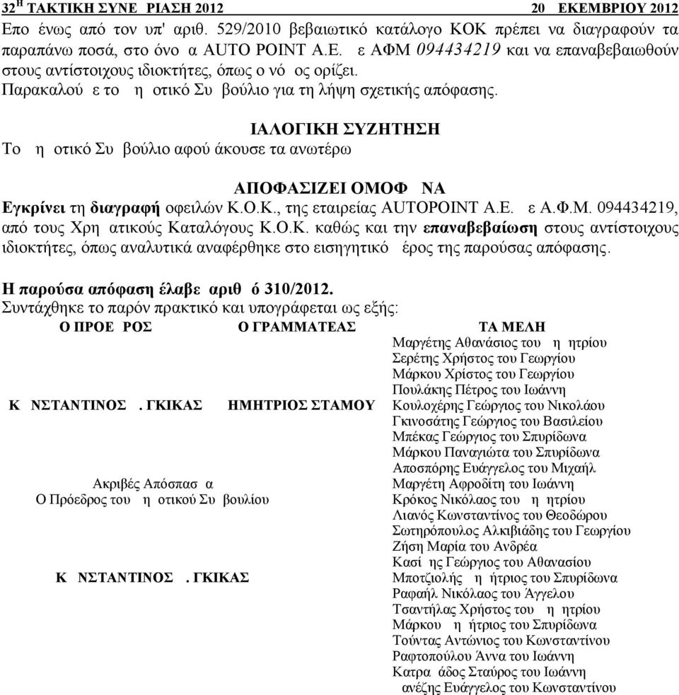 ΔΙΑΛΟΓΙΚΗ ΣΥΖΗΤΗΣΗ Το Δημοτικό Συμβούλιο αφού άκουσε τα ανωτέρω ΑΠΟΦΑΣΙΖΕΙ ΟΜΟΦΩΝΑ Εγκρίνει τη διαγραφή οφειλών Κ.Ο.Κ., της εταιρείας AUTOPOINT Α.Ε. με Α.Φ.Μ. 094434219, από τους Χρηματικούς Καταλόγους K.