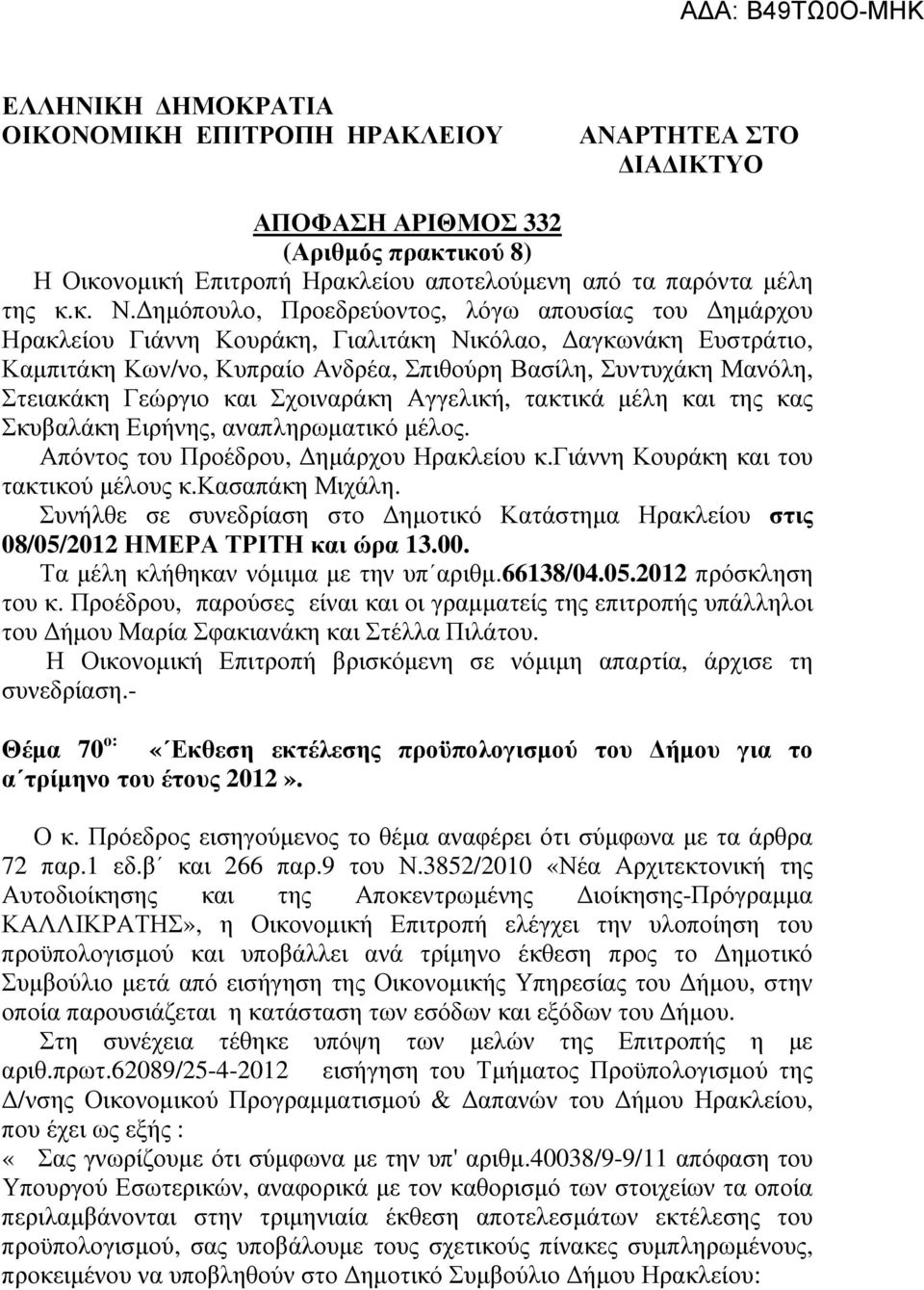 Γεώργιο και Σχοιναράκη Αγγελική, τακτικά µέλη και της κας Σκυβαλάκη Ειρήνης, αναπληρωµατικό µέλος. Απόντος του Προέδρου, ηµάρχου Ηρακλείου κ.γιάννη Κουράκη και του τακτικού µέλους κ.κασαπάκη Μιχάλη.