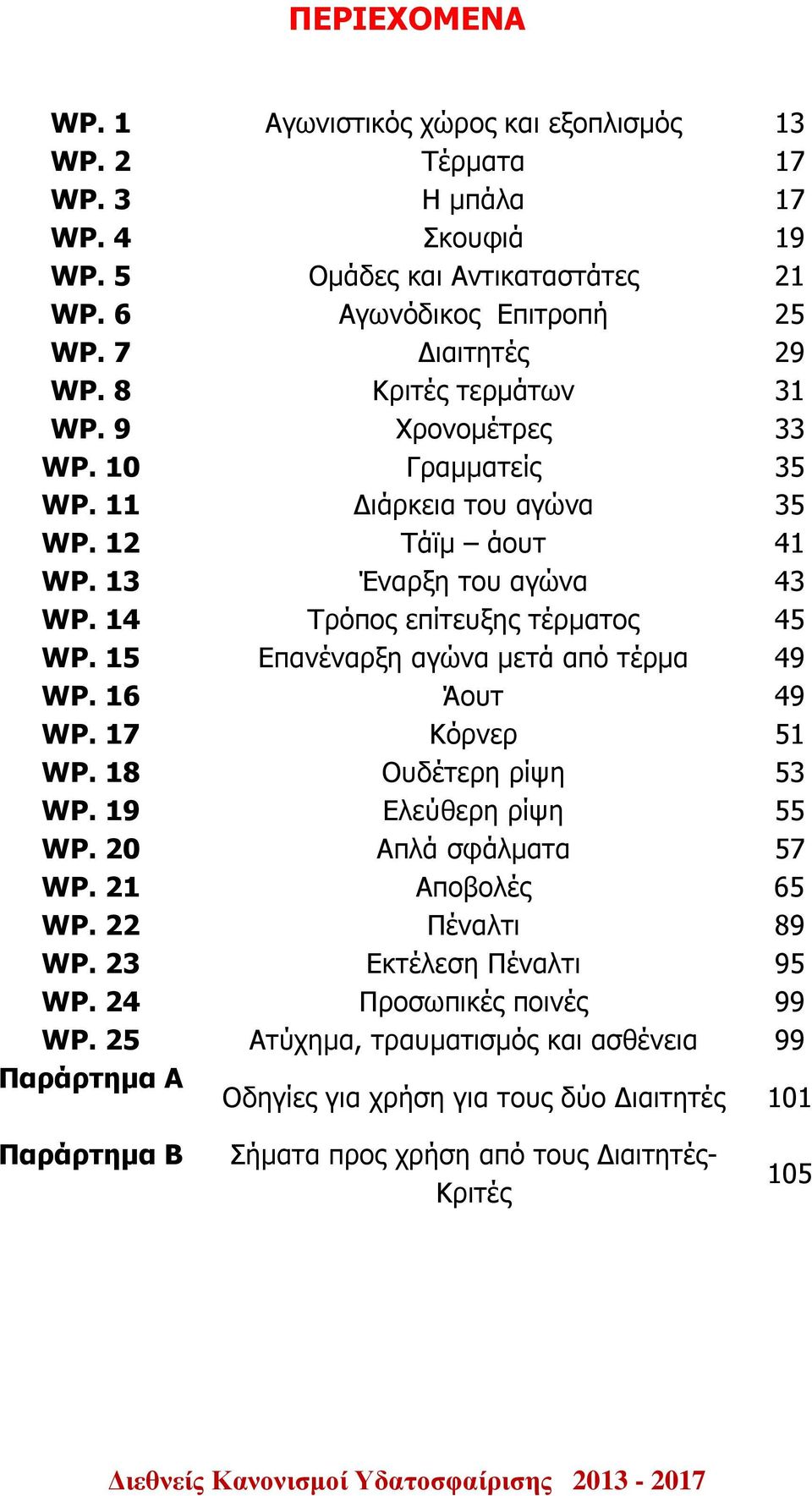 15 Επανέναρξη αγώνα µετά από τέρµα 49 WP. 16 Άουτ 49 WP. 17 Κόρνερ 51 WP. 18 Ουδέτερη ρίψη 53 WP. 19 Ελεύθερη ρίψη 55 WP. 20 Απλά σφάλµατα 57 WP. 21 Αποβολές 65 WP. 22 Πέναλτι 89 WP.