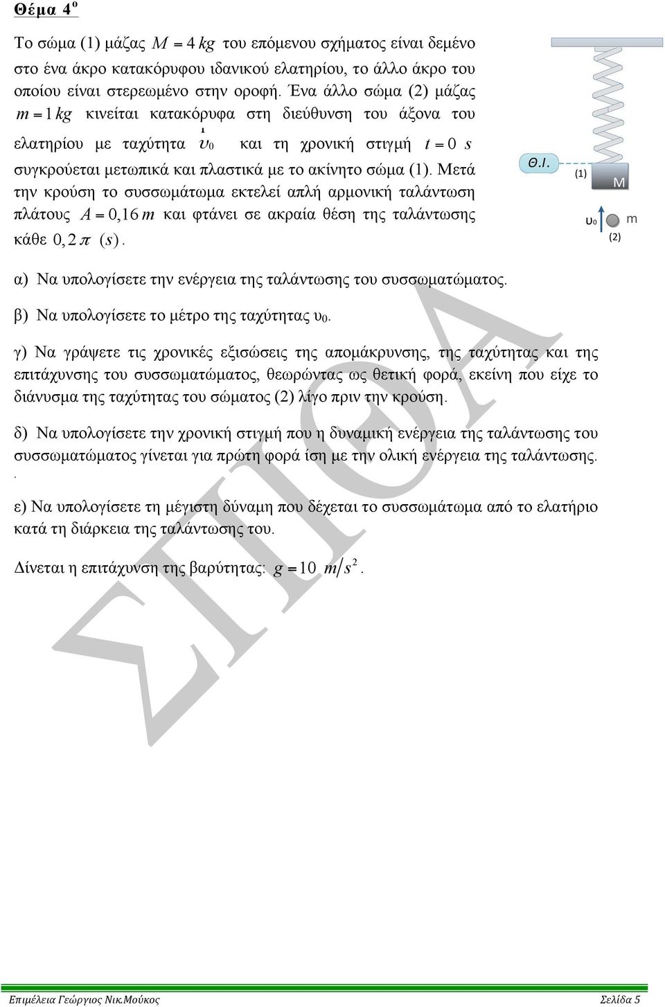 Μετά την κρούση το συσσωµάτωµα εκτελεί απλή αρµονική ταλάντωση πλάτους = 0,6 m και φτάνει σε ακραία θέση της ταλάντωσης κάθε 0, π ( s). Θ.Ι.