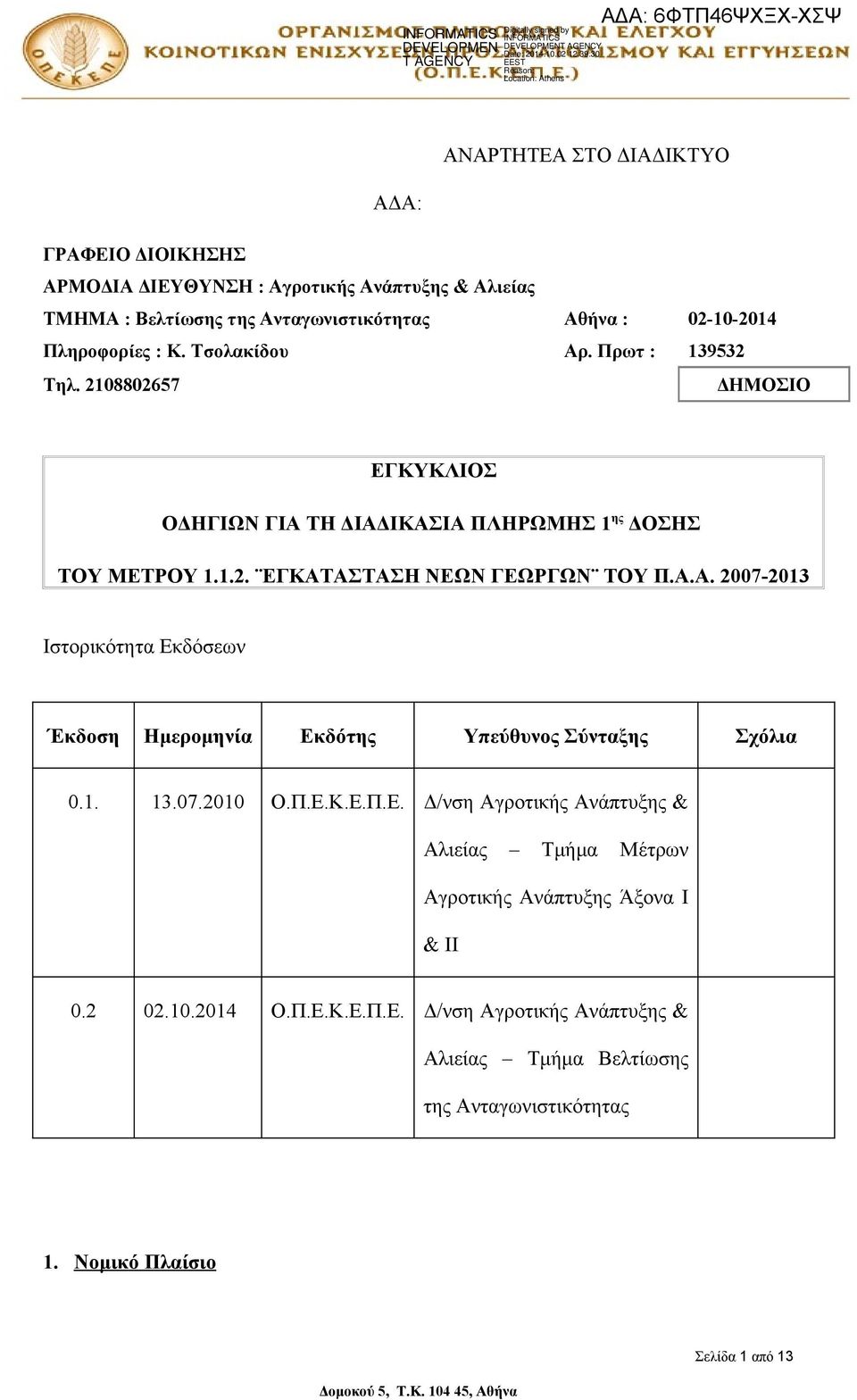 Α.Α. 2007-2013 Ιστορικότητα Εκδόσεων Έκδοση Ημερομηνία Εκδότης Υπεύθυνος Σύνταξης Σχόλια 0.1. 13.07.2010 Ο.Π.Ε.Κ.Ε.Π.Ε. Δ/νση Αγροτικής Ανάπτυξης & Αλιείας Τμήμα Μέτρων Αγροτικής Ανάπτυξης Άξονα Ι & ΙΙ 0.