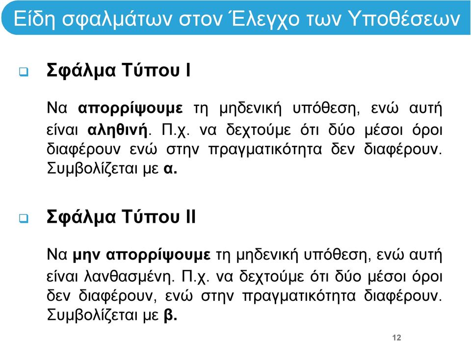 Συμβολίζεται με α. Σφάλμα Τύπου ΙΙ Να μην απορρίψουμε τη μηδενική υπόθεση, ενώ αυτή είναι λανθασμένη.