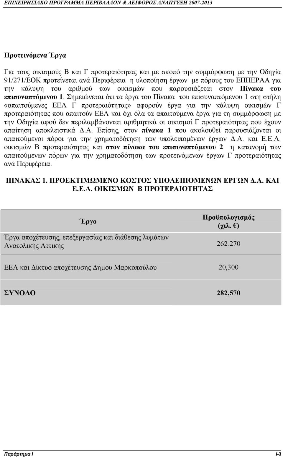 Σηµειώνεται ότι τα έργα του Πίνακα του επισυναπτόµενου 1 στη στήλη «απαιτούµενες ΕΕΛ Γ προτεραιότητας» αφορούν έργα για την κάλυψη οικισµών Γ προτεραιότητας που απαιτούν ΕΕΛ και όχι όλα τα