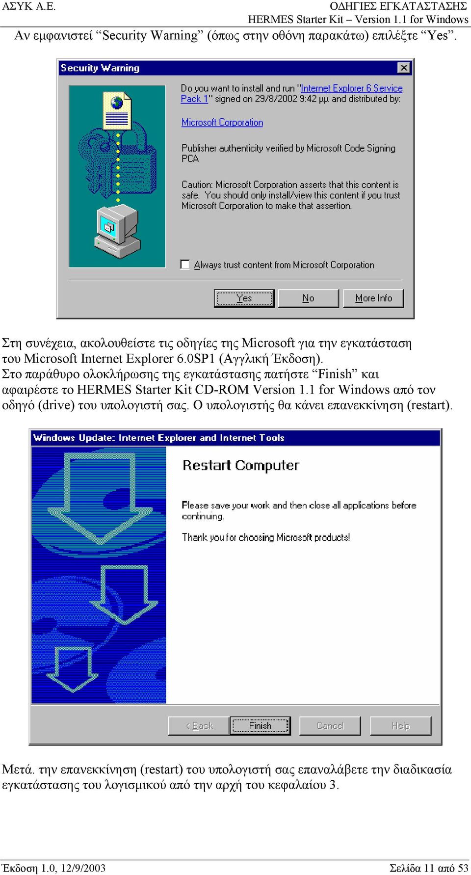 Στο παράθυρο ολοκλήρωσης της εγκατάστασης πατήστε Finish και αφαιρέστε το HERMES Starter Kit CD-ROM Version 1.