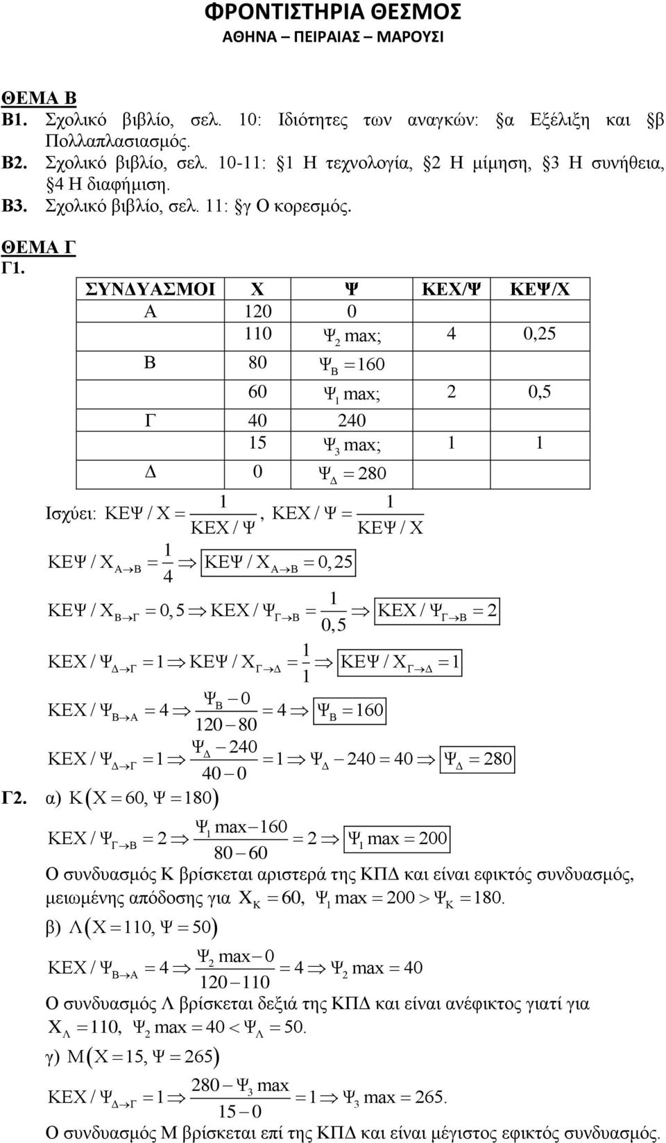 ΣΥΝΔΥΑΣΜΟΙ Χ Ψ ΚΕΧ/Ψ ΚΕΨ/Χ Α 20 0 0 Ψ2 max; 4 0,25 Β 80 ΨΒ 60 60 Ψ max; 2 0,5 Γ 40 240 5 Ψ3 max; Δ 0 ΨΔ 280 Ισχύει: ΚΕΨ / Χ, ΚΕΧ / Ψ ΚΕΧ / Ψ ΚΕΨ / Χ ΚΕΨ / ΧΑΒ ΚΕΨ / ΧΑΒ 0,25 4 ΚΕΨ / ΧBΓ 0,5 ΚΕΧ / ΨΓ