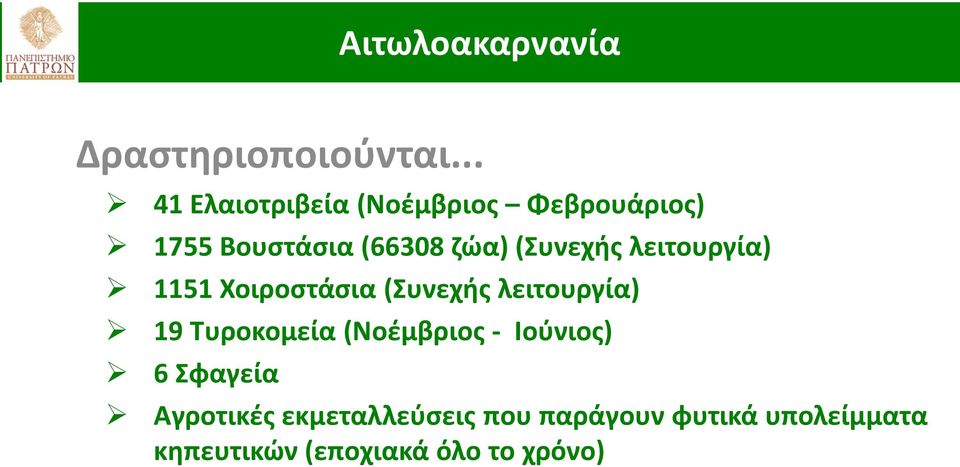 (Συνεχής λειτουργία) 1151 Χοιροστάσια (Συνεχής λειτουργία) 19 Τυροκομεία